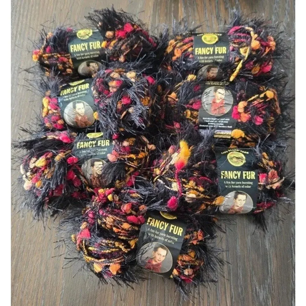 Lot of 7 Lion Brand Fancy Fur Yarn Skeins Jungle‎ Print 273 yards Black Orange